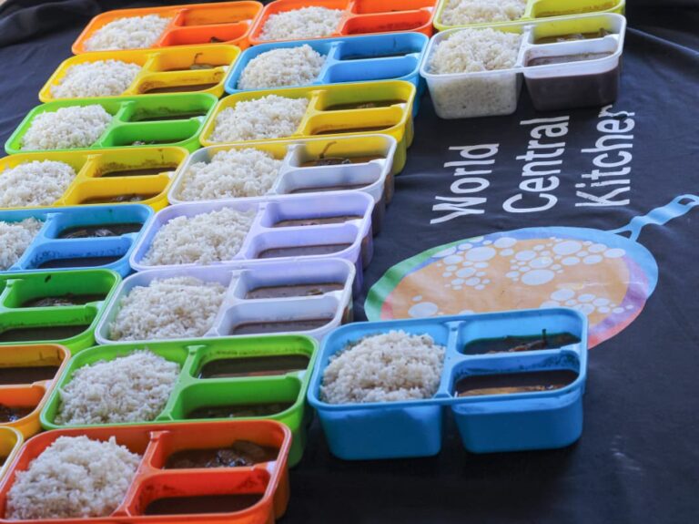 Rows of colorful meal containers filled with rice and sauce, laid out on a World Central Kitchen shirt.